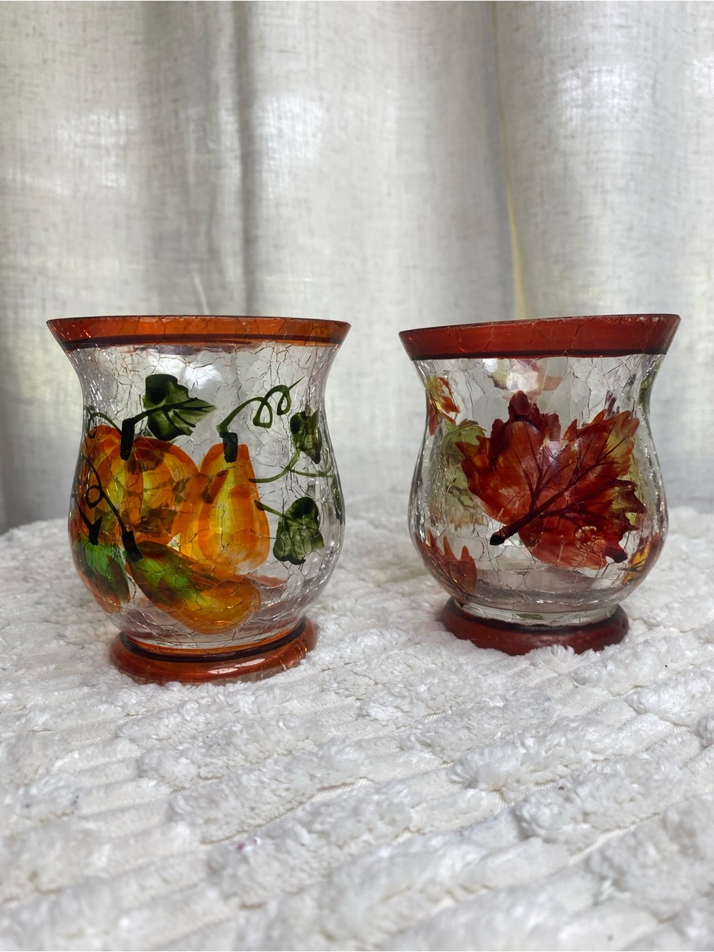 Vtg Autumn Harvest Crackle Glass Votive Holders Thanksgiving Pumpkin Leaf Pair